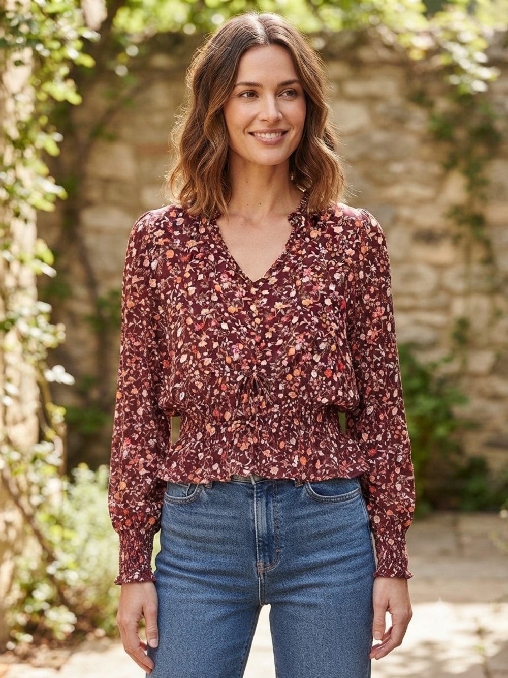 Blu Pepper Burgundy Rust Floral V-Neck Smocked Peplum Blouse